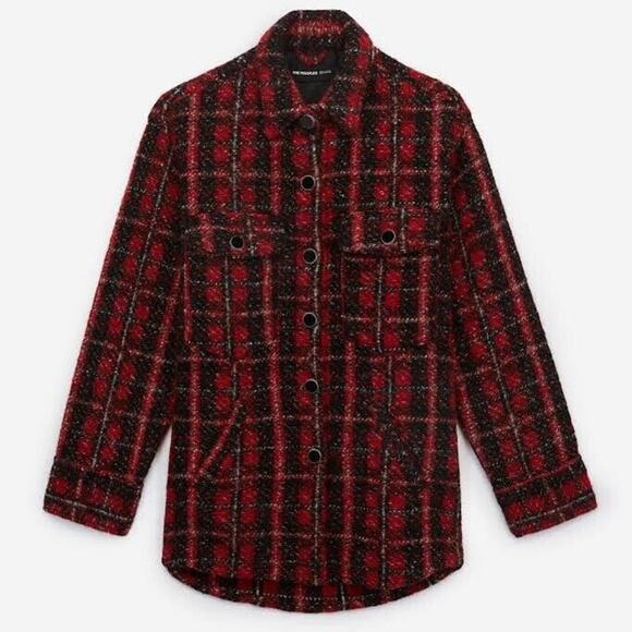 The Koopless Jeans Long Sleeve Tweed Checked Overshirt Jacket Red Women's Size M - Picture 1 of 7